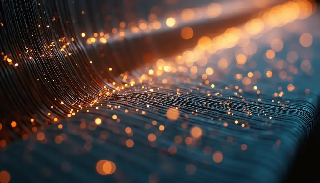 Tissage photoréaliste de fils cuivre, nickel et fibres de verre, parcourus de points lumineux évoquant des harmoniques.