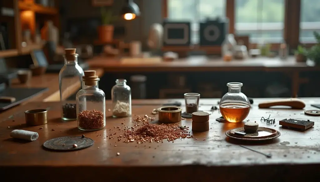 Plan de travail en bois avec fioles, copeaux métalliques, ressorts, boucle de bande, éclat de laiton et disque d’eau ondulant.