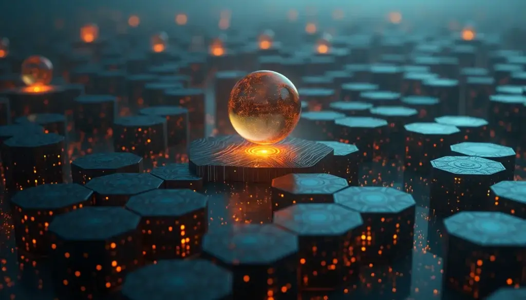 Labyrinthe lumineux de circuits et de chemins hexagonaux plongeant dans la profondeur.