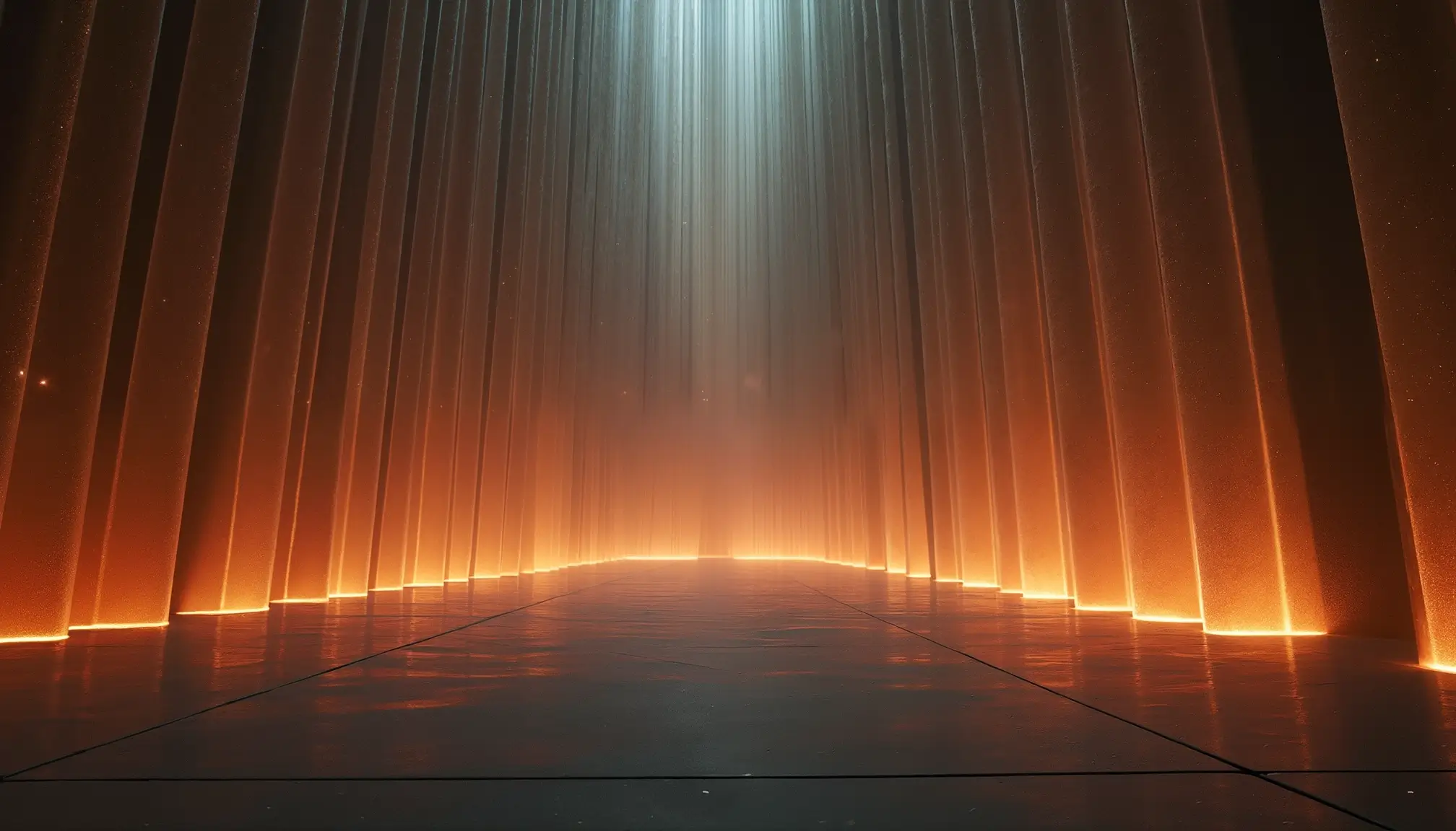 Grande salle acoustique sombre avec des colonnes de lumière verticale évoquant un spectre sonore vivant.