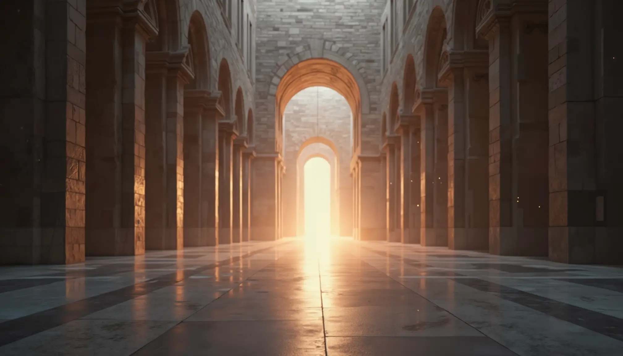 Grande salle voûtée avec arches successives et panneaux de brume alignés évoquant la perception du temps.