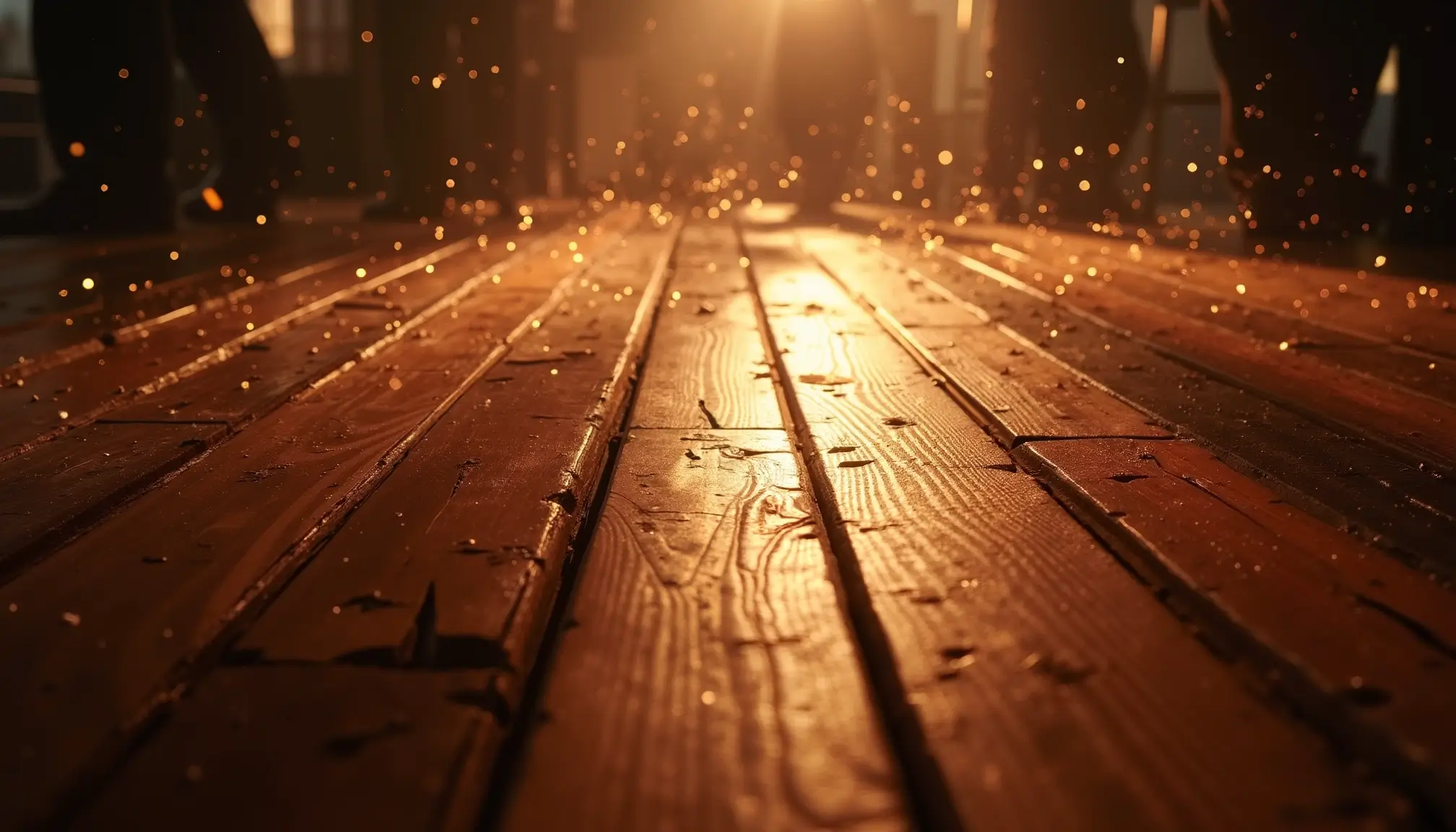 Sol en bois d’une salle sombre, traversé de traînées lumineuses courbes comme des traces de pas.