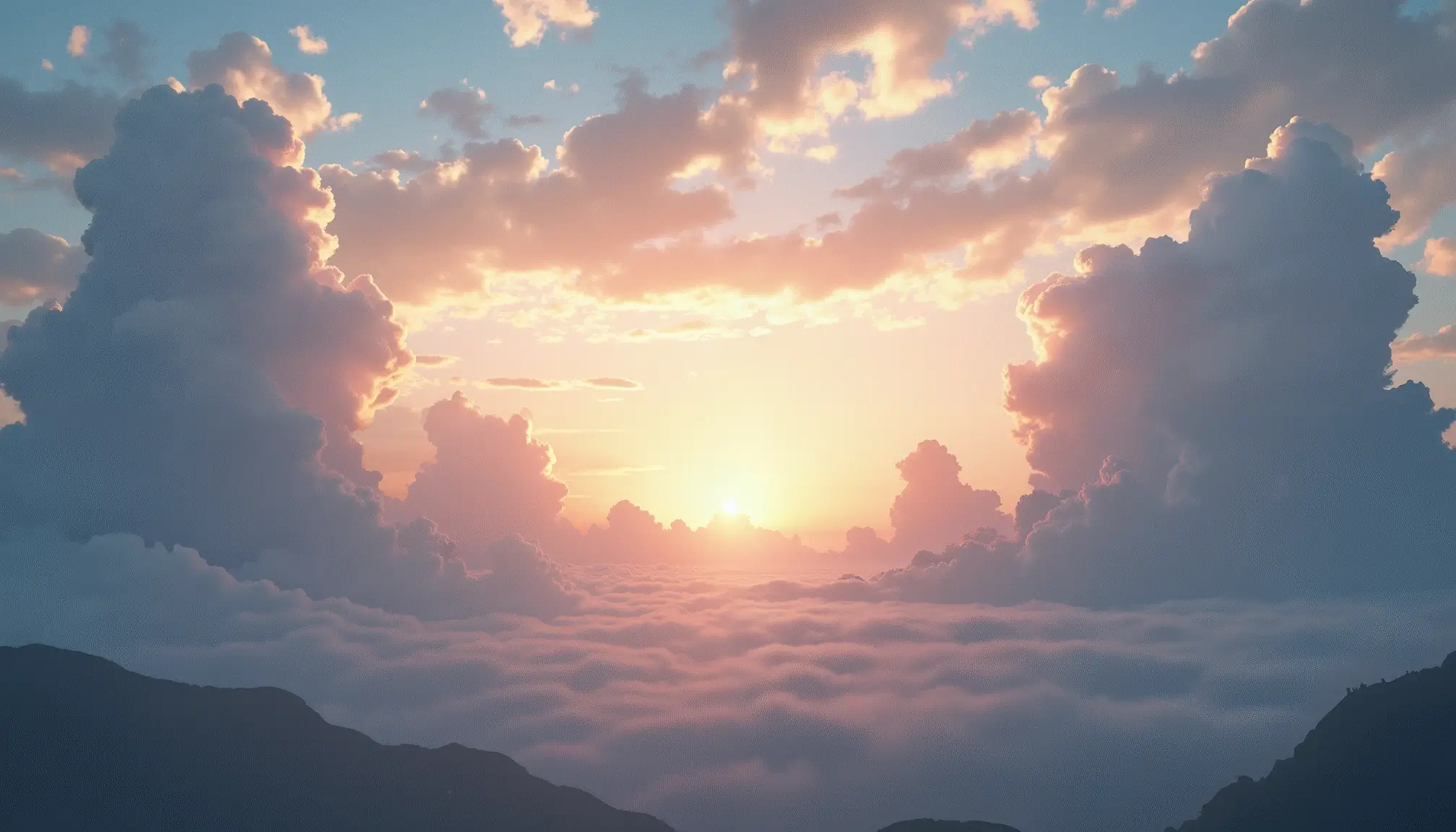 Ciel vaste où différentes couches de nuages évoquent des couleurs harmoniques contrastées.