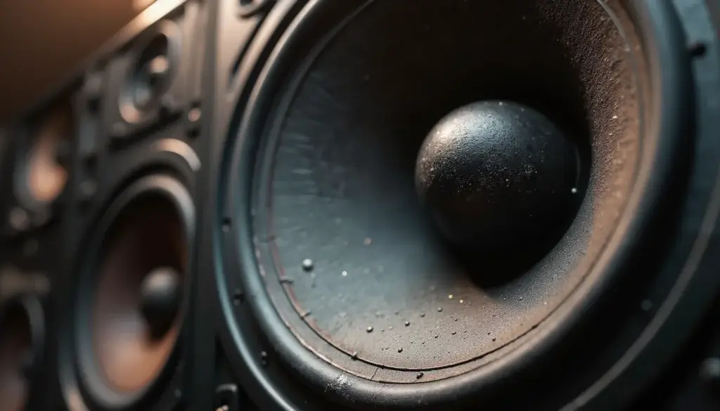 Gros plan sur un haut-parleur saisi en pleine vibration, surface fibreuse et poussière visibles.