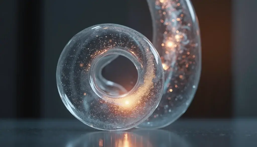 Installation en verre et eau en forme de spirale, avec fines ondulations lumineuses sur un ruban translucide.