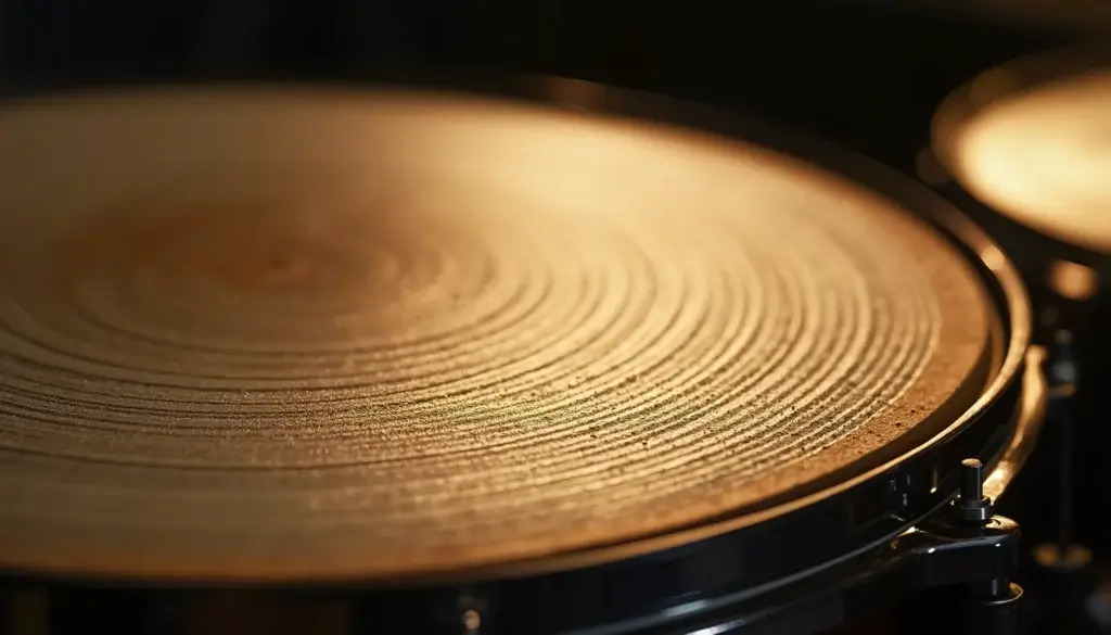 Gros plan sur une peau de percussion avec micro-rides et ondulations irrégulières suggérant la pulsation humaine.