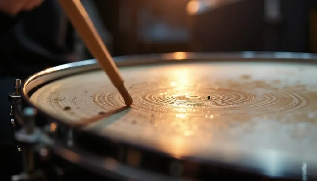 Gros plan d’une peau de caisse claire avec des ondulations figées et de la poussière en suspension après un impact.