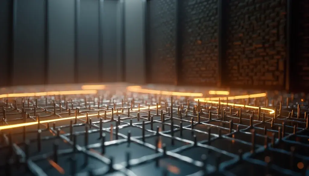 Structure métallique en grille traversée par un ruban lumineux ondulant entre les lignes.