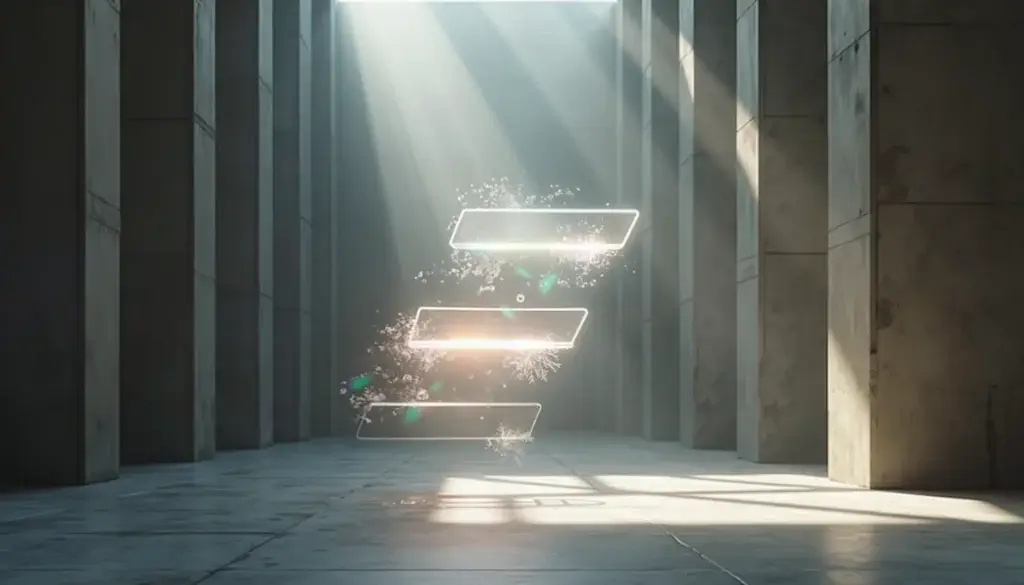 Trois plans géométriques translucides suspendus dans un hall sombre, traversés d’interférences lumineuses.