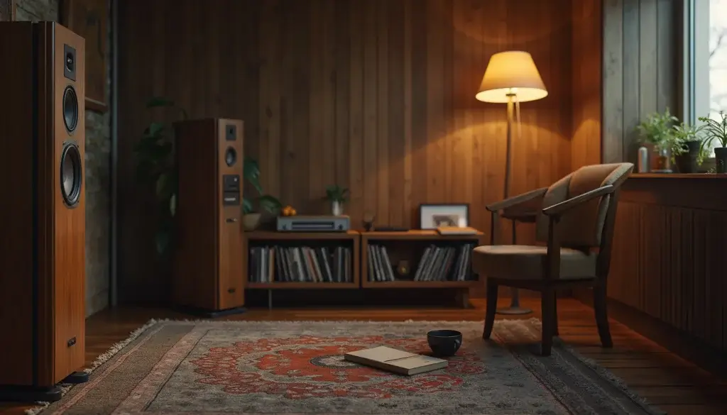Salle d’écoute chaleureuse avec enceintes, étagère de vinyles et légers remous d’air devant un haut-parleur.