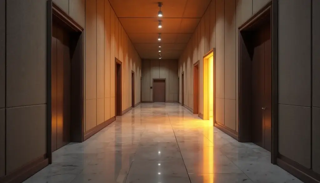 Long couloir acoustiquement traité, portes entrouvertes laissant filtrer des halos de lumière.