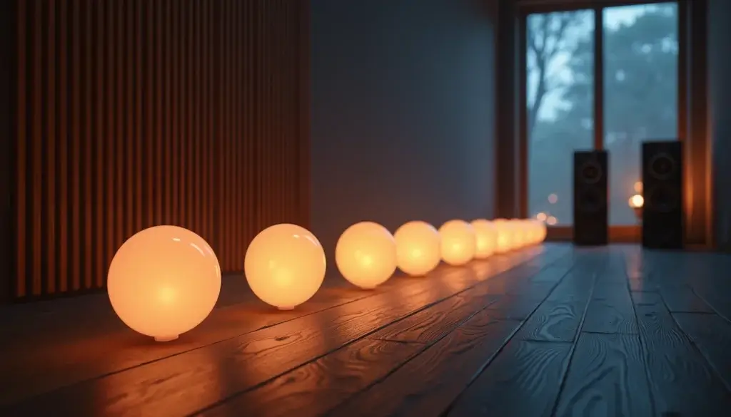Salle d’écoute sombre avec une série de sphères lumineuses espacées de manière irrégulière.