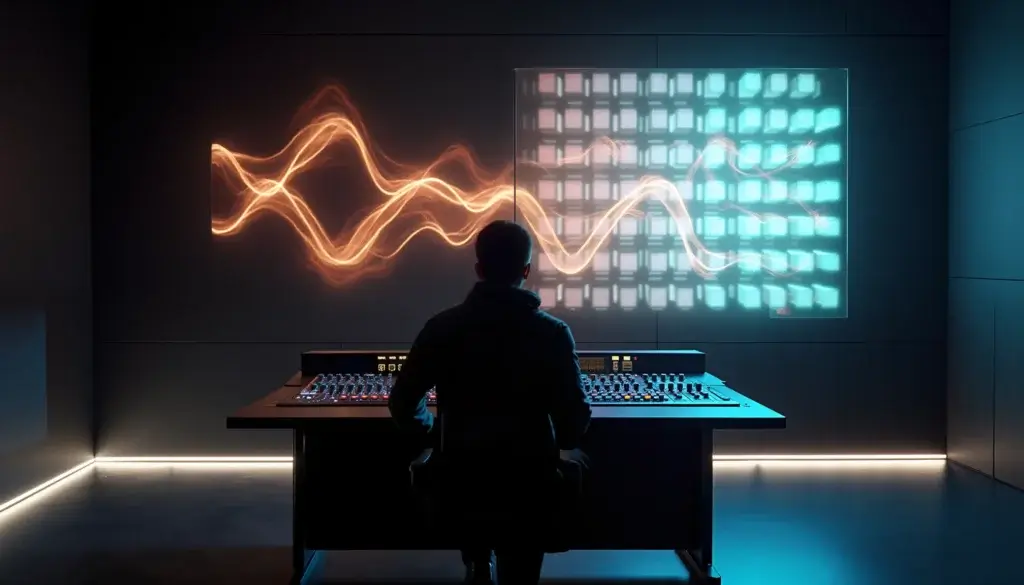 Salle de contrôle sombre avec un mur lumineux partagé entre vagues fluides et blocs lumineux en grille.