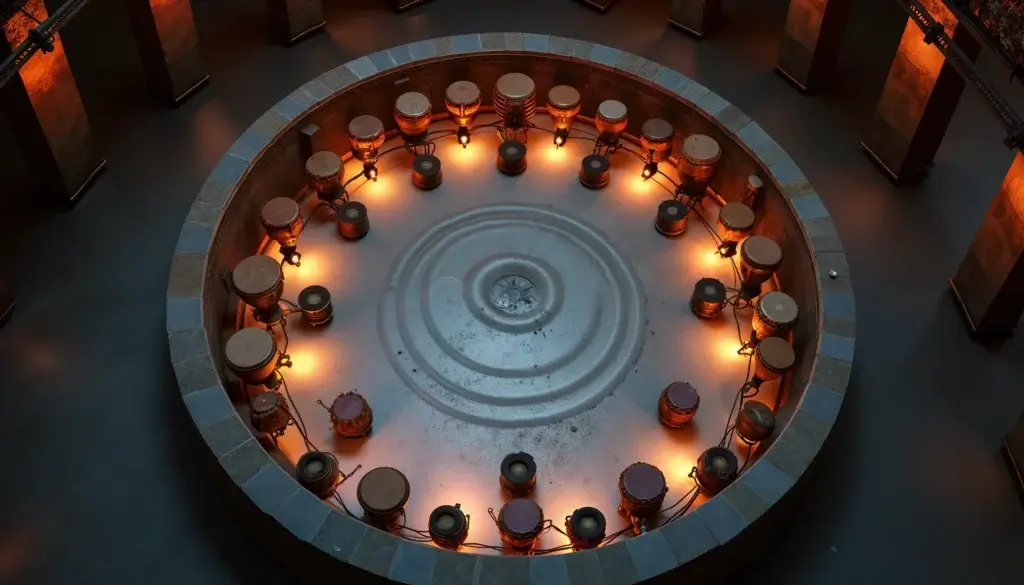 Vue aérienne d’un cercle d’instruments posés au sol, entourés d’ondes lumineuses qui se superposent.