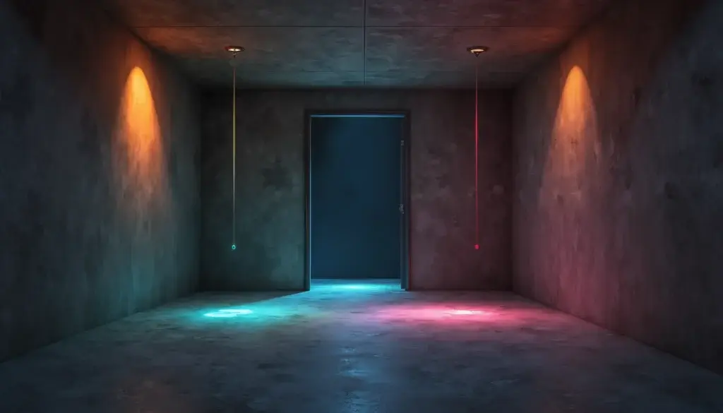 Petite pièce sombre éclairée par des lueurs colorées évoquant des couleurs d’accords.