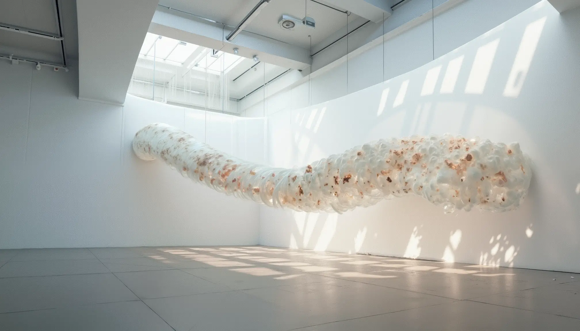 Sculpture monumentale en forme d’onde sonore translucide suspendue dans une galerie contemporaine.