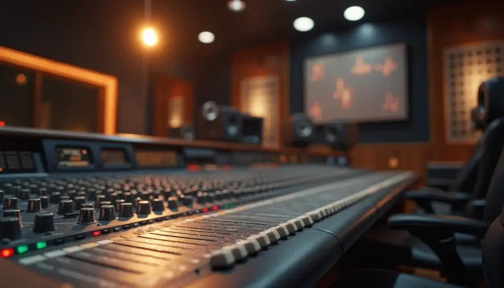 Console de mixage professionnelle dans un grand studio, certaines sections éclairées et d’autres floutées.