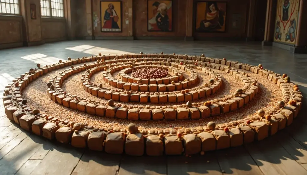 Installation circulaire au sol composée d’anneaux concentriques décalés, en bois, céramique et bronze.