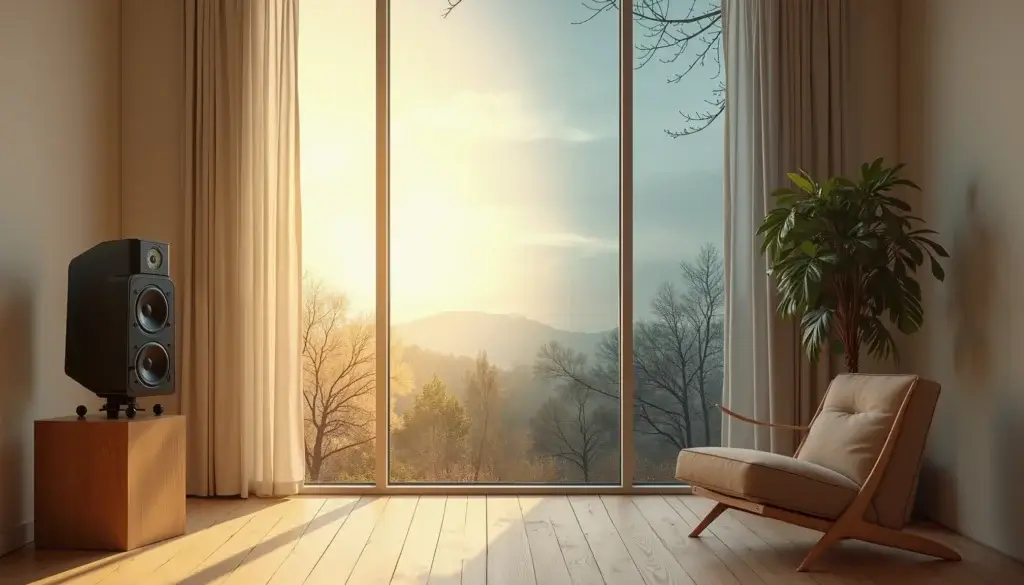 Haut-parleur posé près d’une fenêtre, lumière mêlant ambiance de l’aube et du crépuscule dans une pièce épurée.