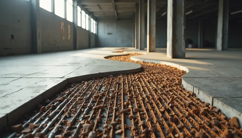 Sol en béton où une grille métallique régulière se transforme progressivement en spirale de matériaux chauds.