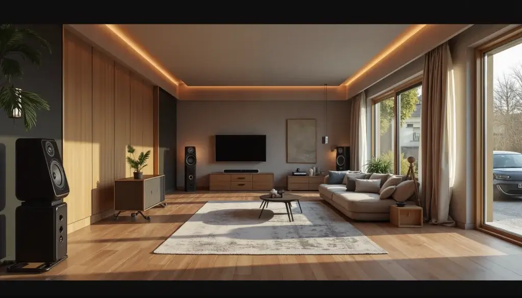Suite d’espaces d’écoute reliés entre eux, allant d’une pièce d’écoute précise à un salon, une voiture et une enceinte portable.