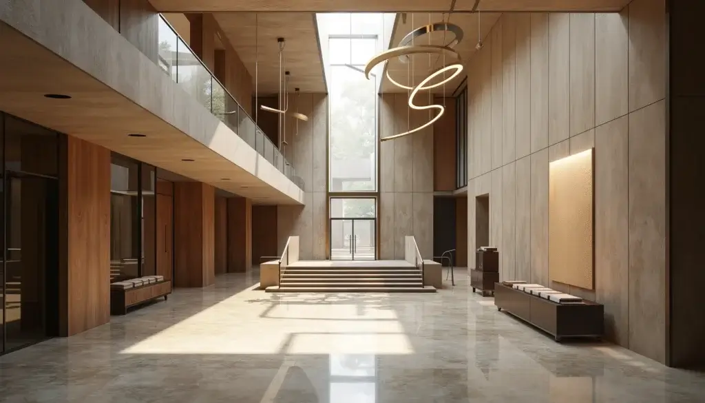 Grand hall de marque haut de gamme avec formes suspendues, matières minérales et lumière architecturale, sans présence humaine.