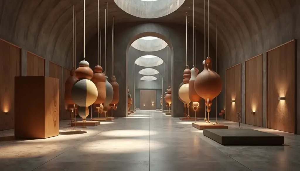 Grande galerie contemporaine présentant des matières résonantes comme le bois, le laiton, le verre, le feutre et la céramique dans un espace acoustique.