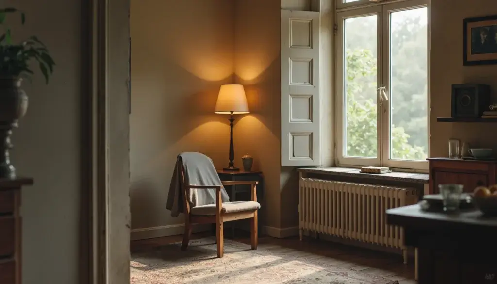 Pièce d’interview vide avec chaise, verre d’eau, veste posée et lumière douce entrant par une fenêtre.
