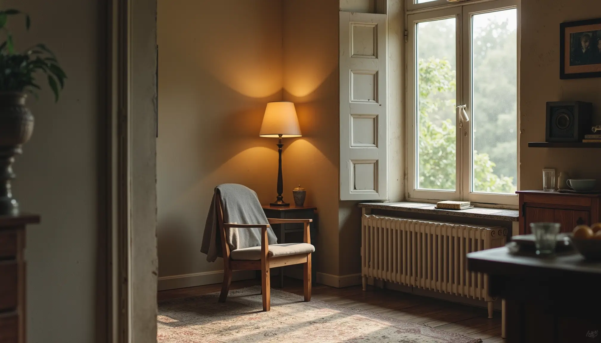 Pièce d’interview vide avec chaise, verre d’eau, veste posée et lumière douce entrant par une fenêtre.