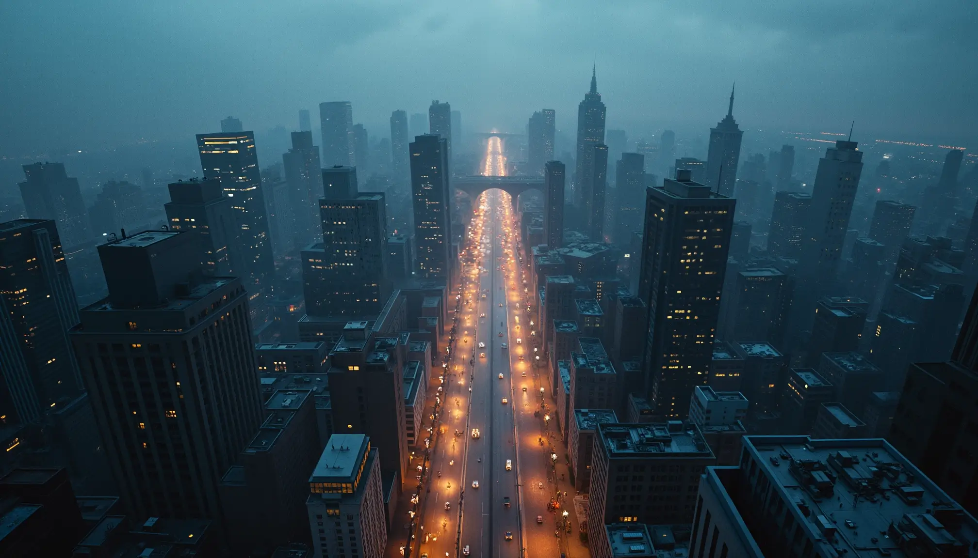 Grande ville au crépuscule avec un axe lumineux principal traversant une masse urbaine dense et stratifiée.