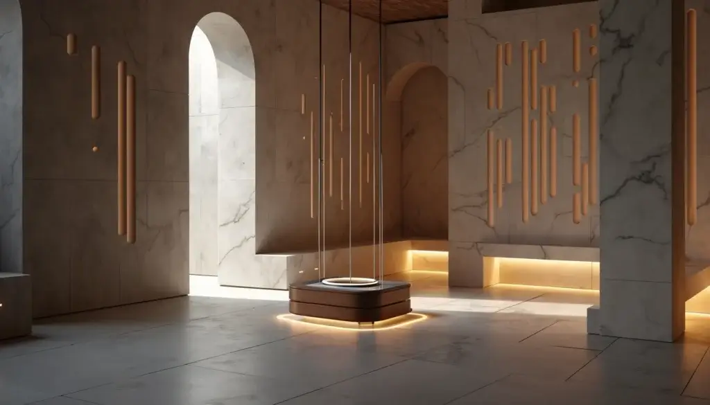 Grand espace contemporain avec un petit objet sculptural suspendu au centre et des matériaux cohérents déclinés dans toute l’architecture.