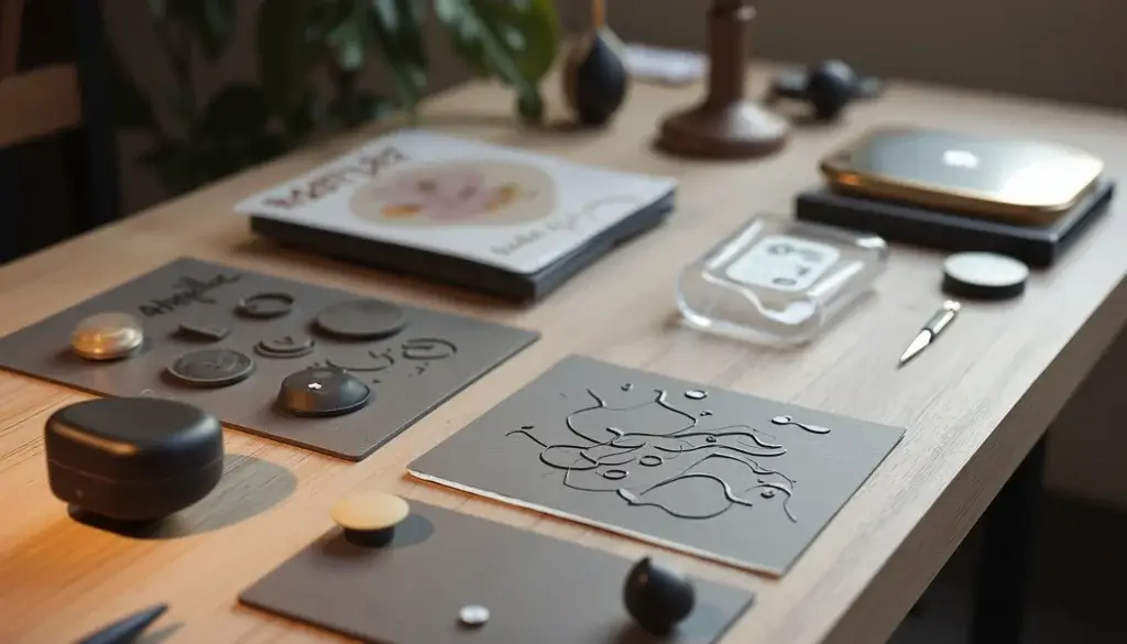 Table de direction artistique avec matériaux, objets tactiles, maquettes abstraites et éléments évoquant un système sonore de marque.