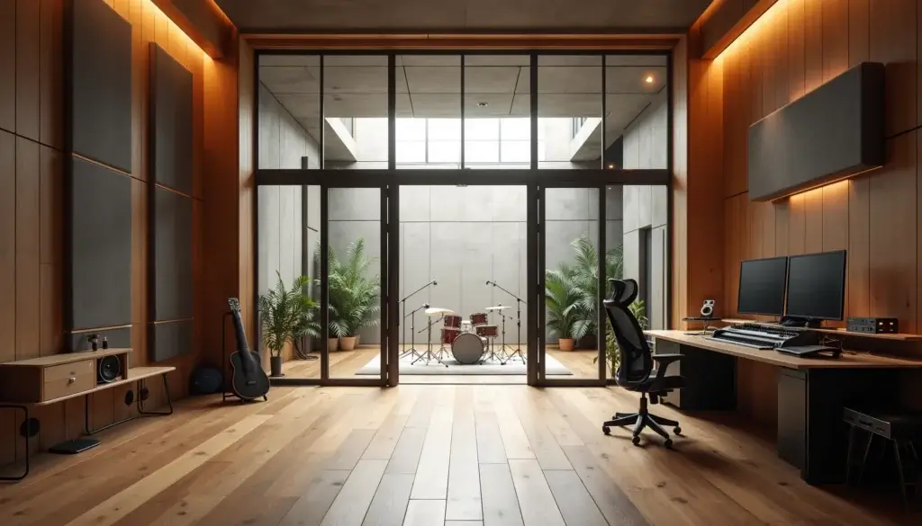 Grande régie de studio reliée à une vaste salle de prise par une baie vitrée, dans un environnement acoustiquement traité.