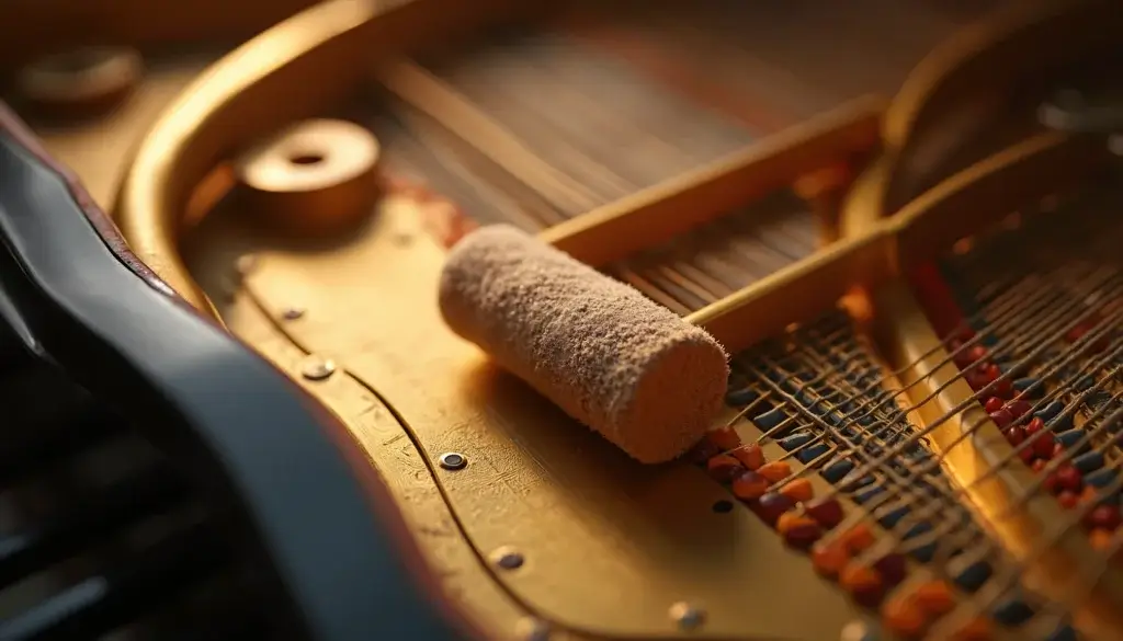 Vue macro de l’intérieur d’un piano à queue avec marteau en feutre, cordes vibrantes et détails mécaniques très rapprochés.