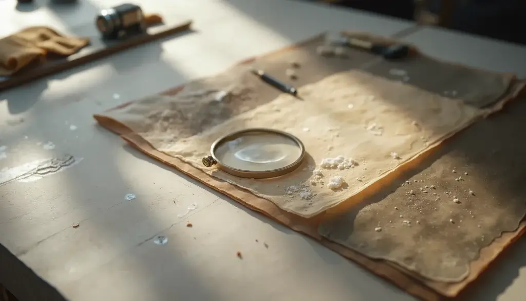 Table de restauration avec feuilles translucides, outils fins, verre fumé et matières délicates partiellement nettoyées.