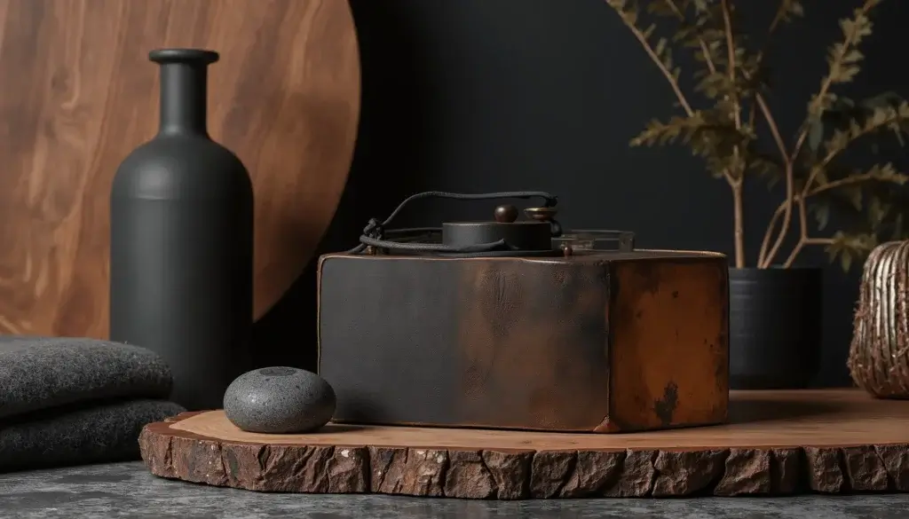 Nature morte de matières sombres et denses, avec bois, laine, cuir, verre fumé et bronze éclairés latéralement.