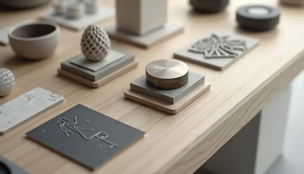 Table de direction artistique avec objets, matières et modules abstraits organisés comme une famille cohérente d’éléments sonores.