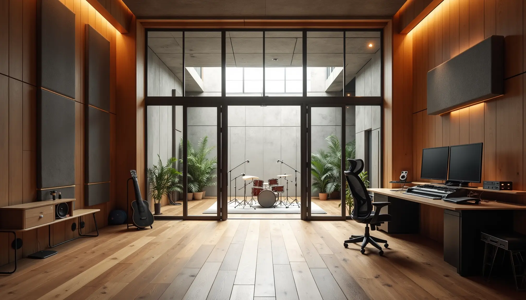 Grande régie de studio reliée à une vaste salle de prise par une baie vitrée, dans un environnement acoustiquement traité.