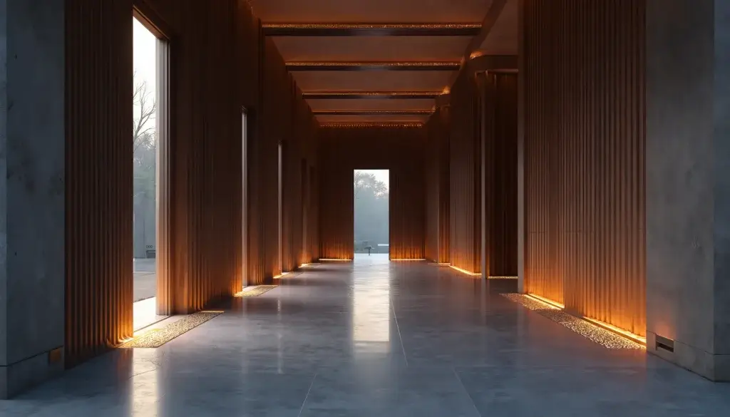 Espace immersif vide au crépuscule avec portiques successifs, lumière chaude répétée et ambiance premium contemporaine.