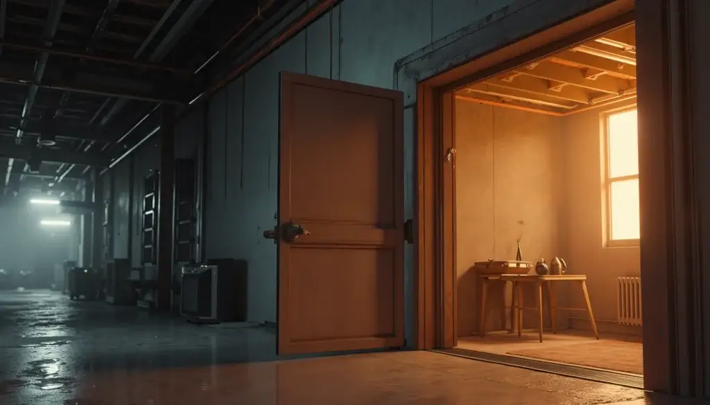 Porte acoustique épaisse séparant un couloir froid et bruyant d’un espace de studio chaud, isolé et prêt à travailler.