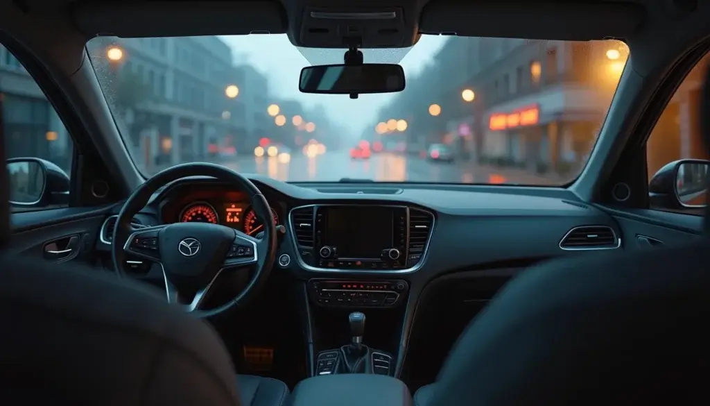 Intérieur de voiture au petit matin avec smartphone posé dans l’habitacle et ambiance de ville humide derrière le pare-brise.
