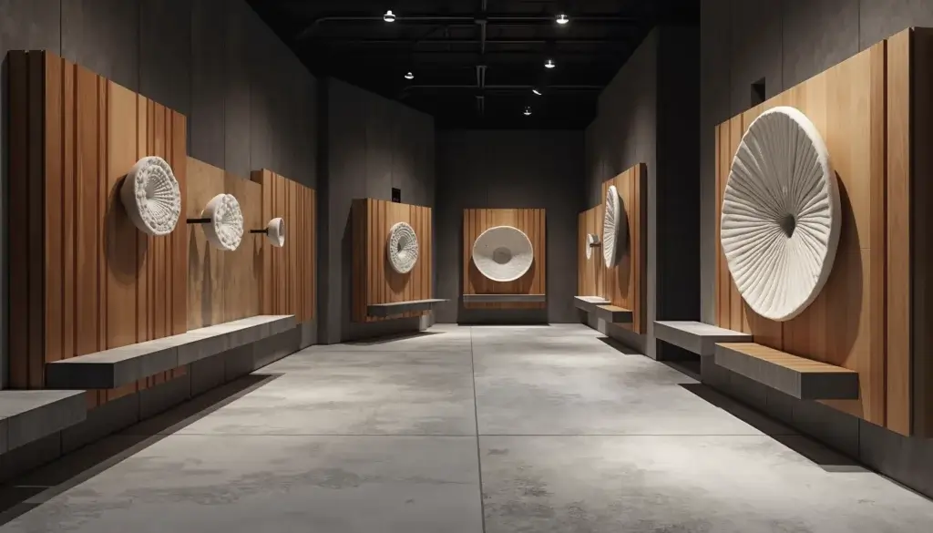 Espace de marque contemporain avec surfaces texturées, modules en acrylique, bois sombre et lumière architecturale sans présence humaine.