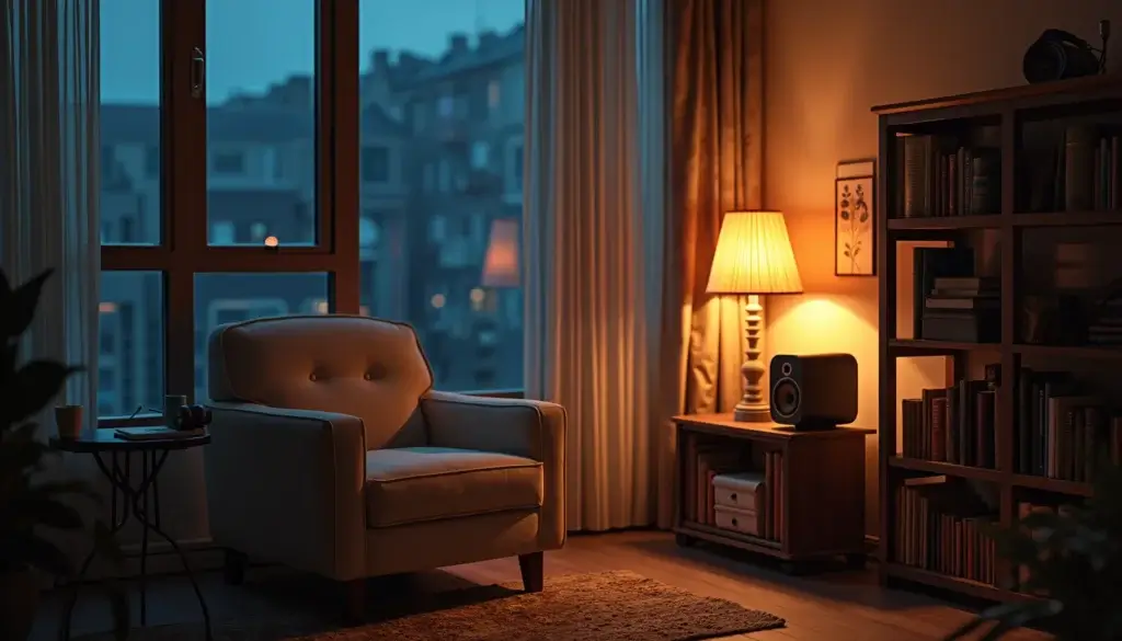 Coin d’écoute nocturne avec fauteuil, casque, tasse, enceinte compacte et lumière chaude dans un salon calme.