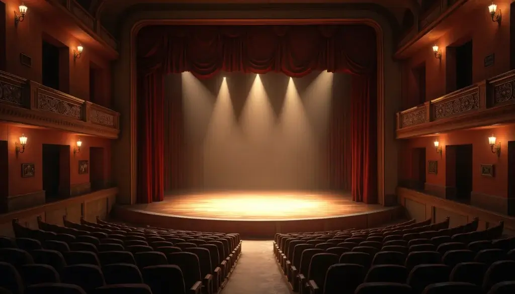 Scène de théâtre vide avec lumière chaude au centre, coulisses et rideaux visibles dans une pénombre lisible.