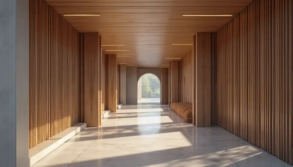 Suite de trois espaces contemporains reliés entre eux, avec matériaux et lumières répétées sous des formes différentes.