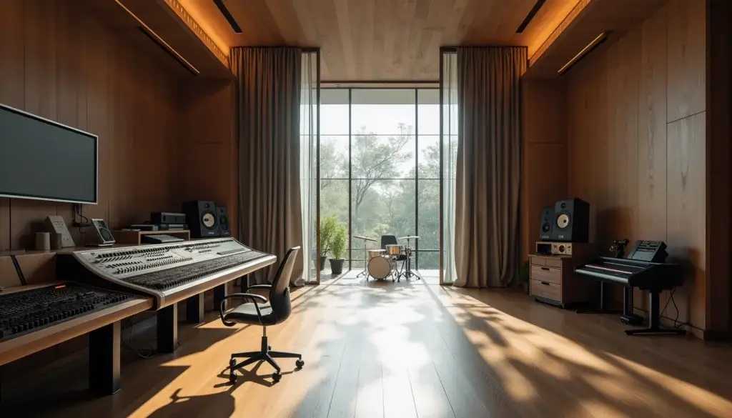 Grand studio de musique dédié avec régie, baie vitrée acoustique et vaste salle de prise dans un environnement calme et traité.