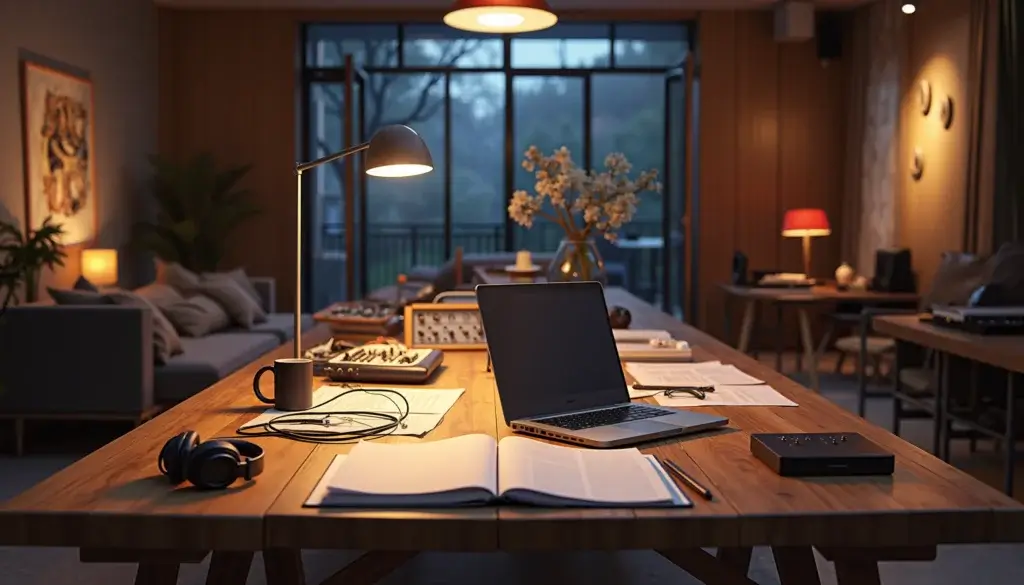 Espace de studio professionnel au crépuscule avec table de travail, matériel de production, passage vers une pièce isolée et coin détente.