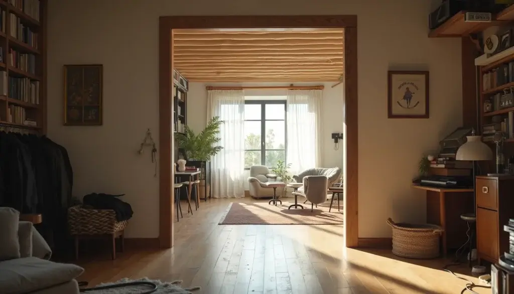 Passage entre un espace domestique hybride légèrement encombré et un studio dédié clair, ordonné et acoustiquement maîtrisé.
