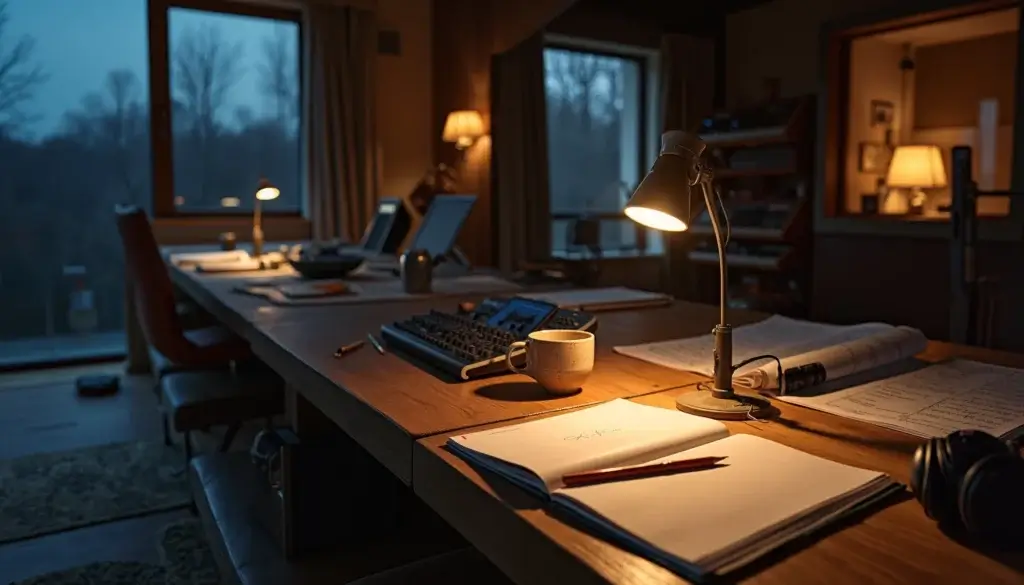 Studio de musique vide la nuit après une session de travail, avec table de production, carnet ouvert, lumière chaude et pièces attenantes visibles.