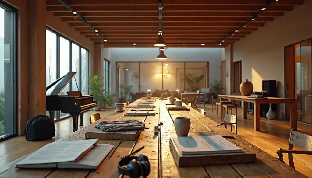 Grand studio professionnel avec salle de prise, régie et espace de vie, préparé pour une résidence artistique sur plusieurs jours.